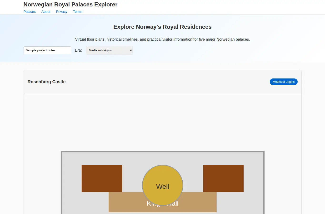 Screenshot of Norwegian Royal Palaces Explorer interface showing the project page in use